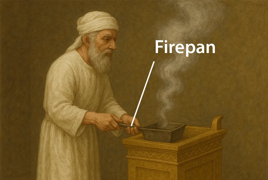 A priest with a firepan tends the incense altar in the temple
