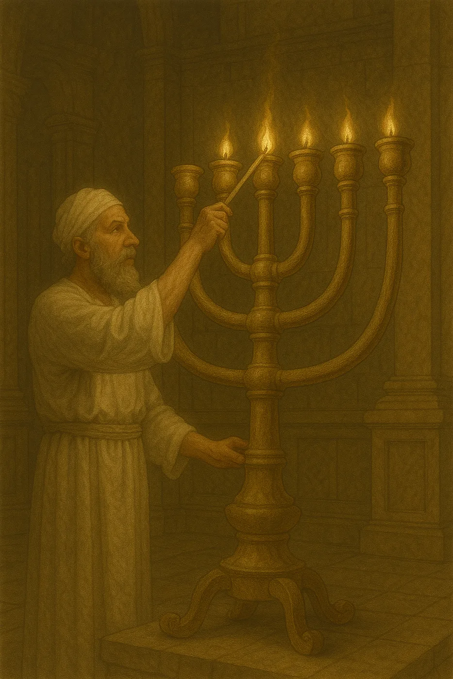 Levite lighting seven-branched lampstand in the temple
