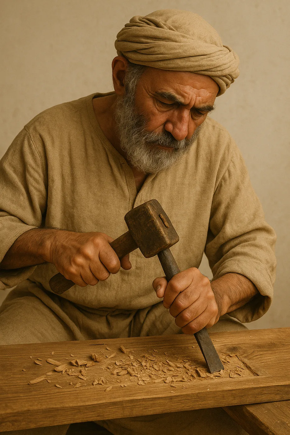 Man crafting a piece of wood with a chisel