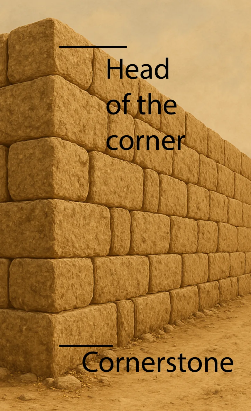 Drawing of the stones at the corner of a building: the cornerstone and the head of the corner