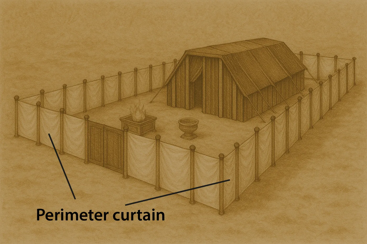 The exterior of the movable tabernacle, showing the perimeter curtain
