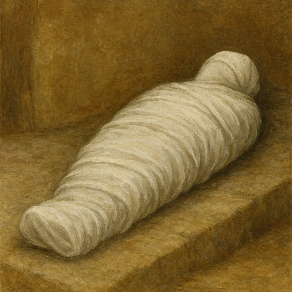 Lazarus lying in the tomb wrapped in linen cloth