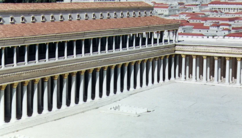 Model of covered walkway surrounding Herod's temple