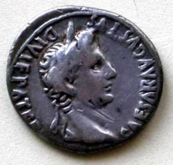 The head of Emperor Tiberius on a denarius