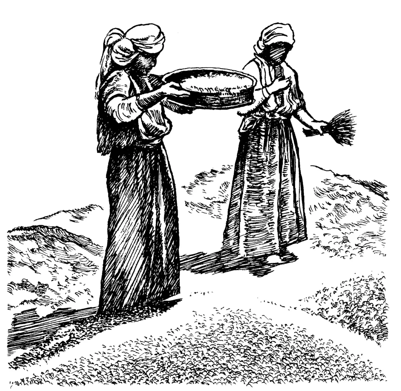 Woman sifting grain with a sieve