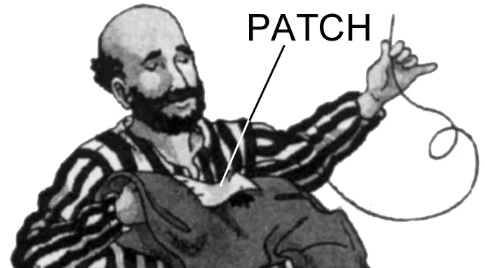 Patches sewn on an old waterskin