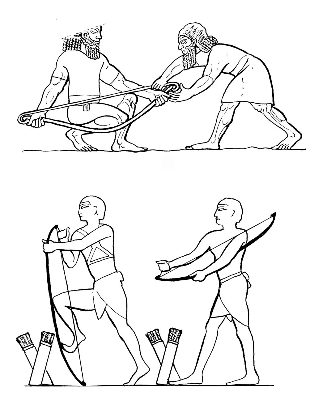Bowman bending his bow with his knee while the second man strings it (upper), and Egyptian soldiers stringing bows (lower)