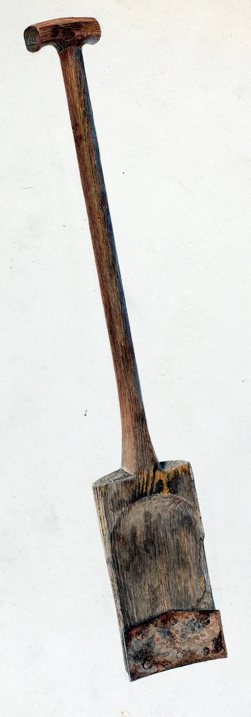 Wooden Spade, possibly used in winnowing (watercolor and graphite on paper, Archie Thompson, 1938)