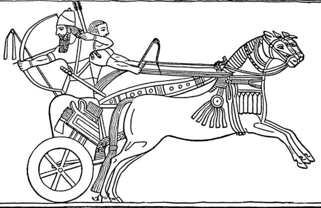 An Assyrian archer shoots from a war chariot