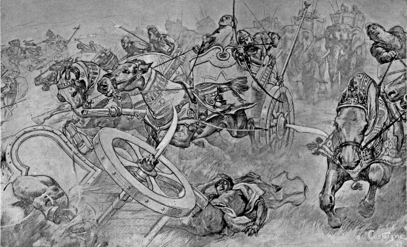 Scythe chariots with blades mounted on the axle of the wheels