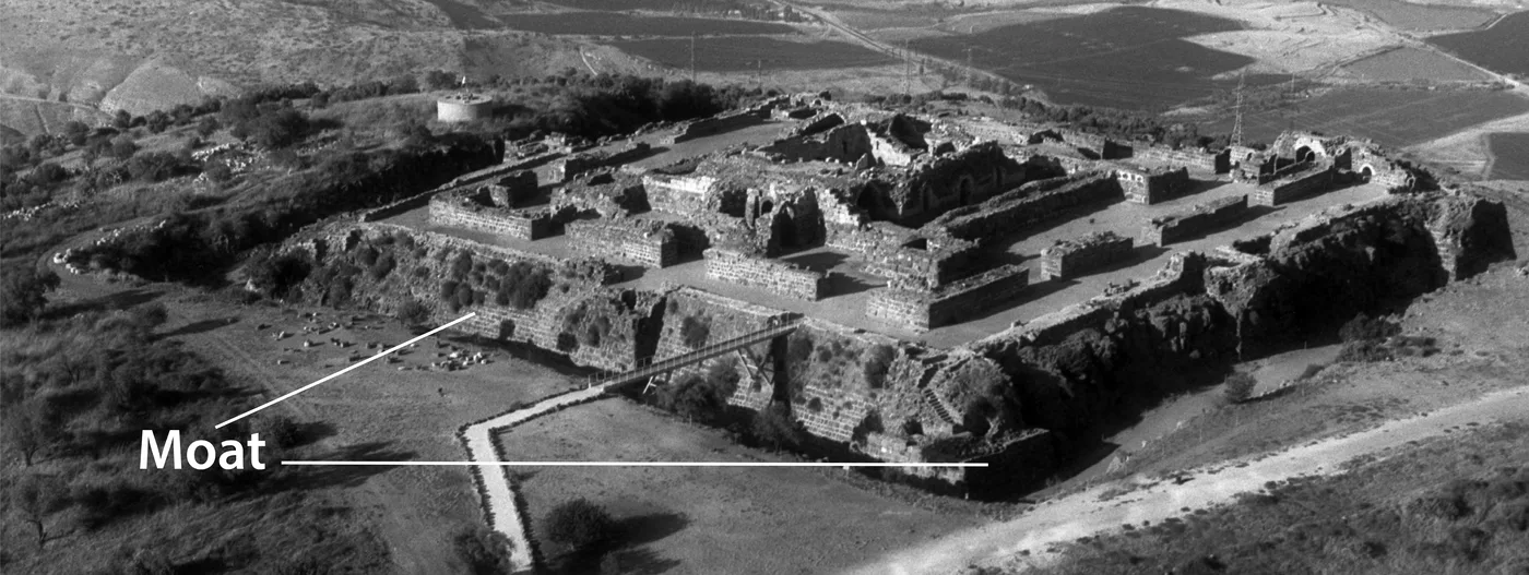 Ruins of a fortress surrounded by a moat (Kokhav Hayarden, Crusader fortress overlooking the Beit Shean valley)