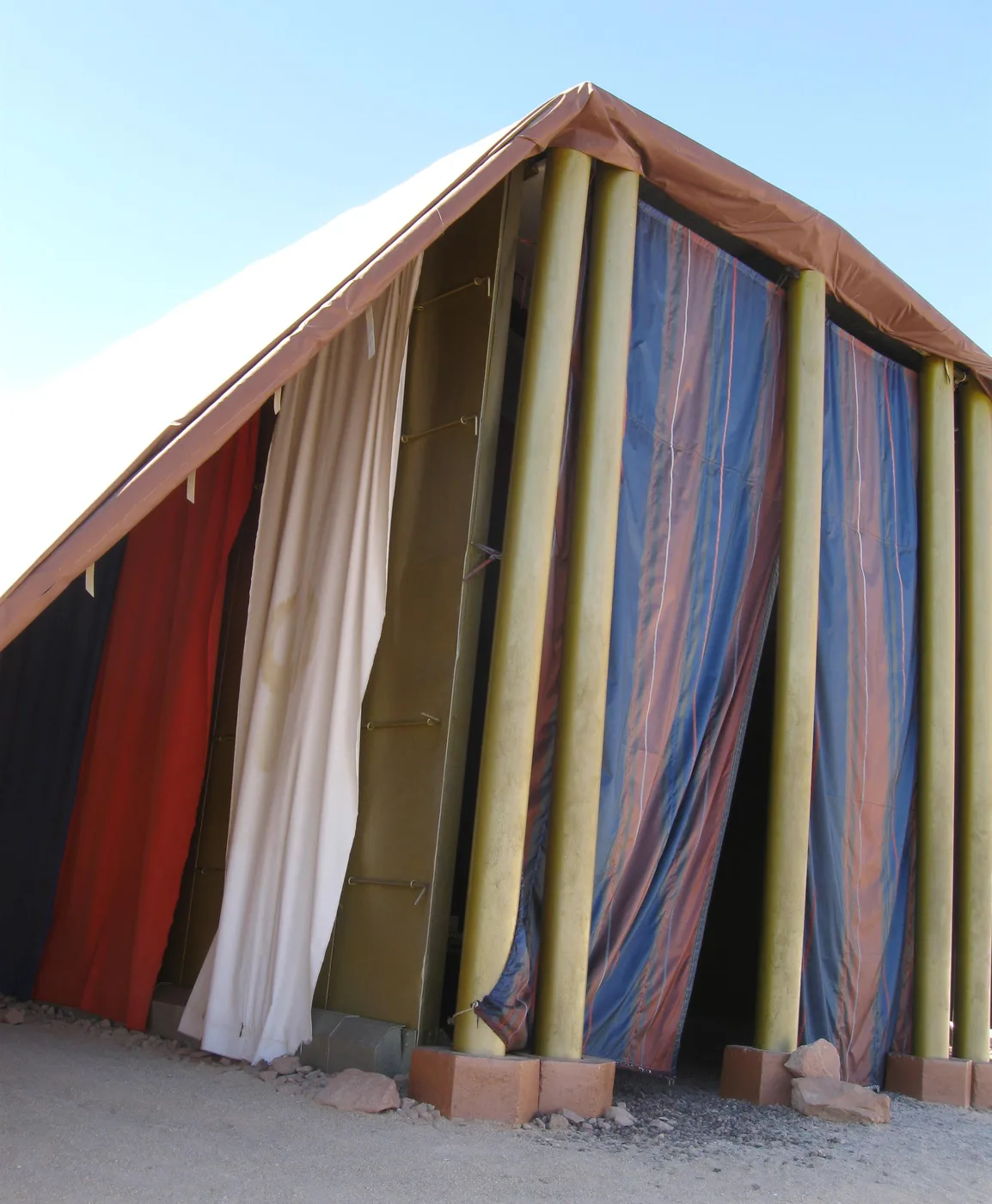 Detail of the movable tabernacle's posts and covering of linen strips (Timnah Park)