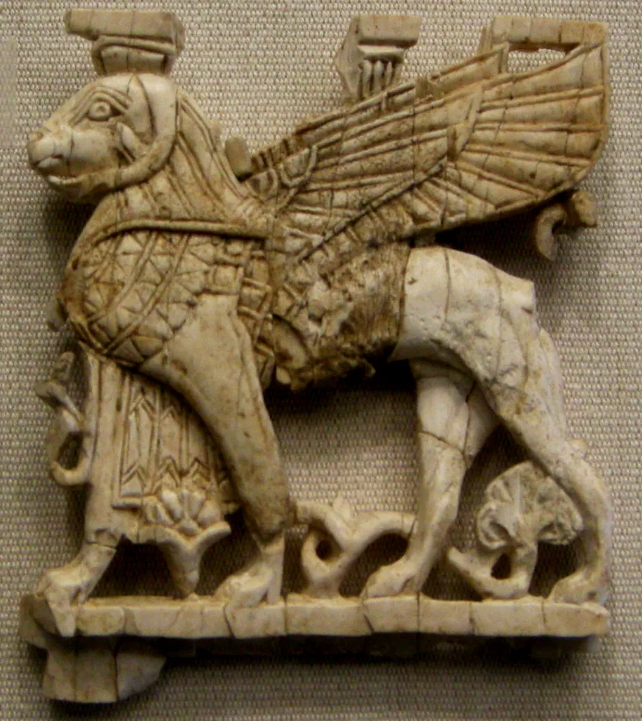 Nimrud ivory plaque with ram-headed sphinx (Assyrian, Syro-Phoenician, 8th-7th c. BCE)