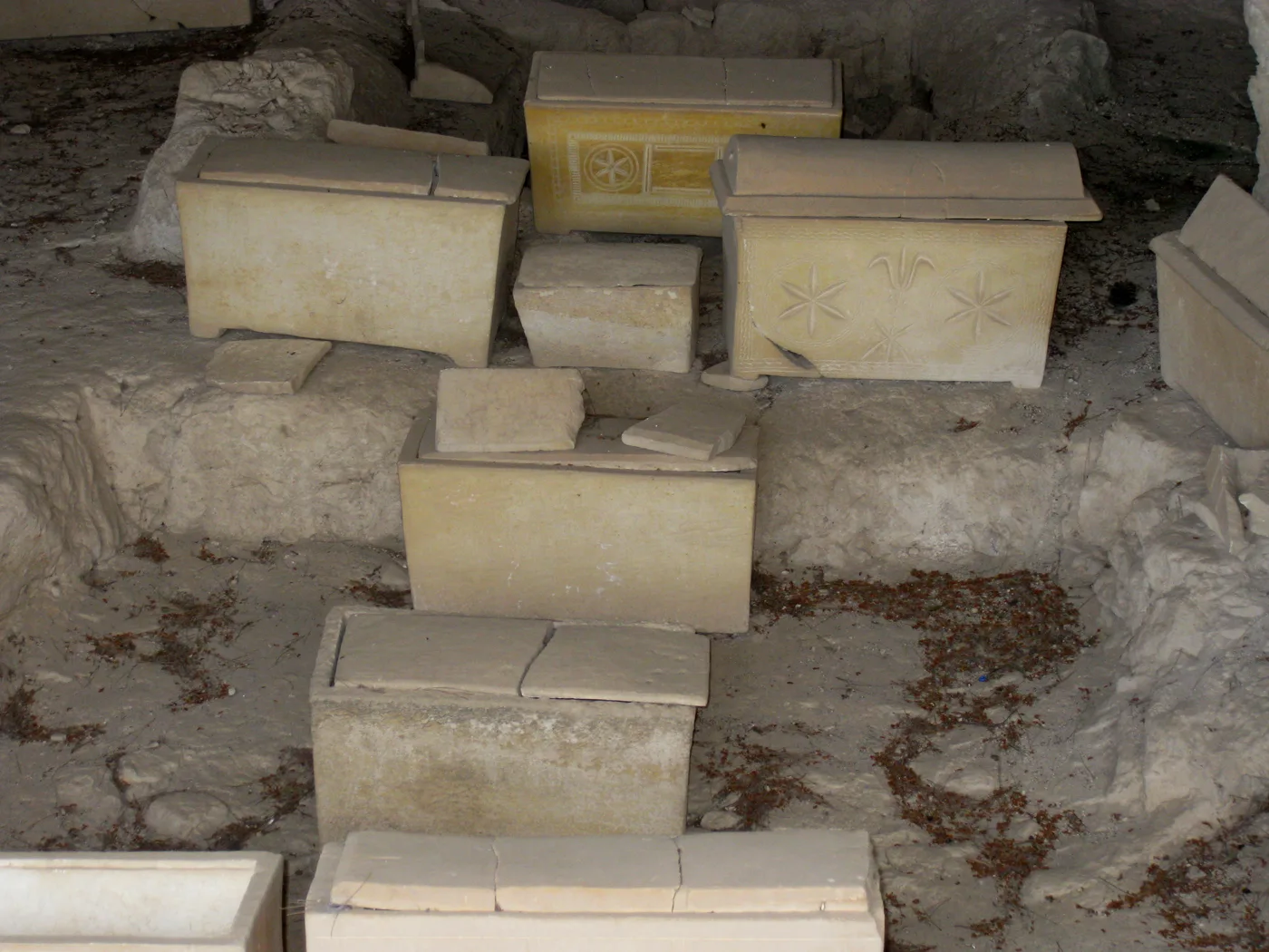 Stone coffins or ossuaries in the garden of Dominus Flevit on the Mount of Olives
