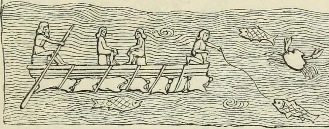 A man fishes from a raft made of inflated animal skins